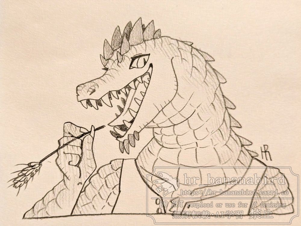 Traditional pencil art of an anthropomorphic lizard lady with spikes on her brows and chin. She has a wheat stand in her hand and is facing towards our left while smiling.