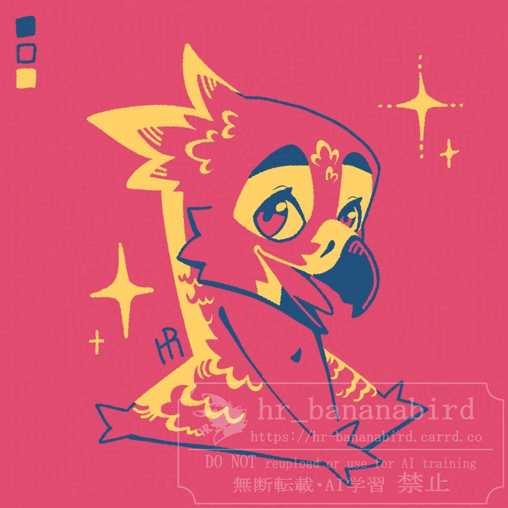 Digital art of an anthropomorphic eagle man, drawn using three colors, pink, yellow and navy blue. He is looking at the viewer with a smile on his face.