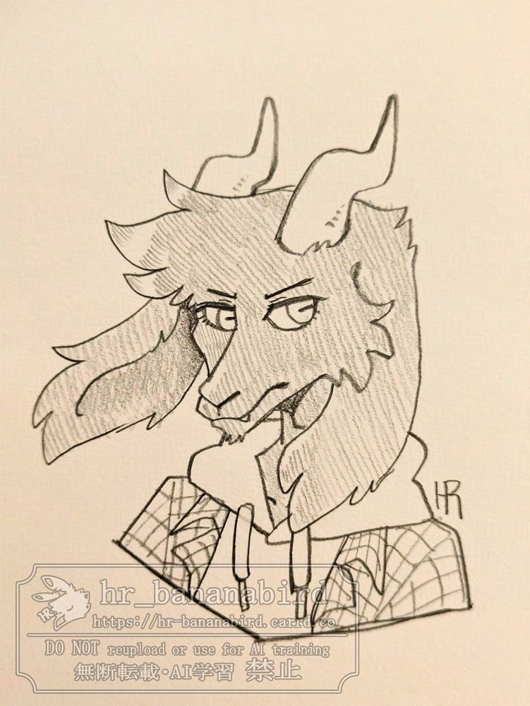Traditional pencil art of an anthropomorphic goat man with long droopy ears and black fur. He has a serious look on his face.