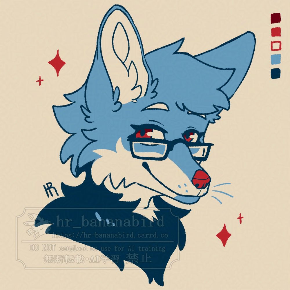 Digital art of an anthropomorphic maned wolf man with square glasses, drawn using five colors. His fur is two shades of blue and one shade of beige, while his eyes and nose are two shades of red. Around him are several red sparkles. He is looking at the viewer with a kind smile.