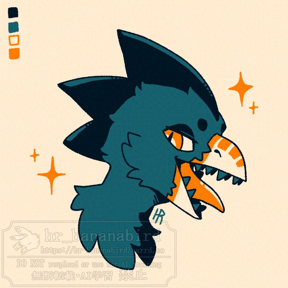 Digital art of an anthropomorphic rooster/shark hybrid with sharp teeth and a shark fin-like crest, drawn using four colors. His feathers and crest are two shades of blue, while his beak and eyes are ivory and orange. Around him are several orange sparkles. He is looking at the viewer with a mischievous smile.