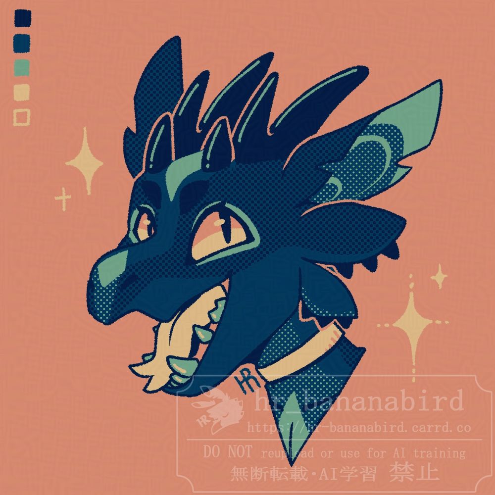 Digital art of a kobold, drawn using five colors. They have three shades of blue scales, while their eyes and tongue are orange and yellow. Around them are several yellow sparkles. They are looking at the viewer with a big ol' smile.