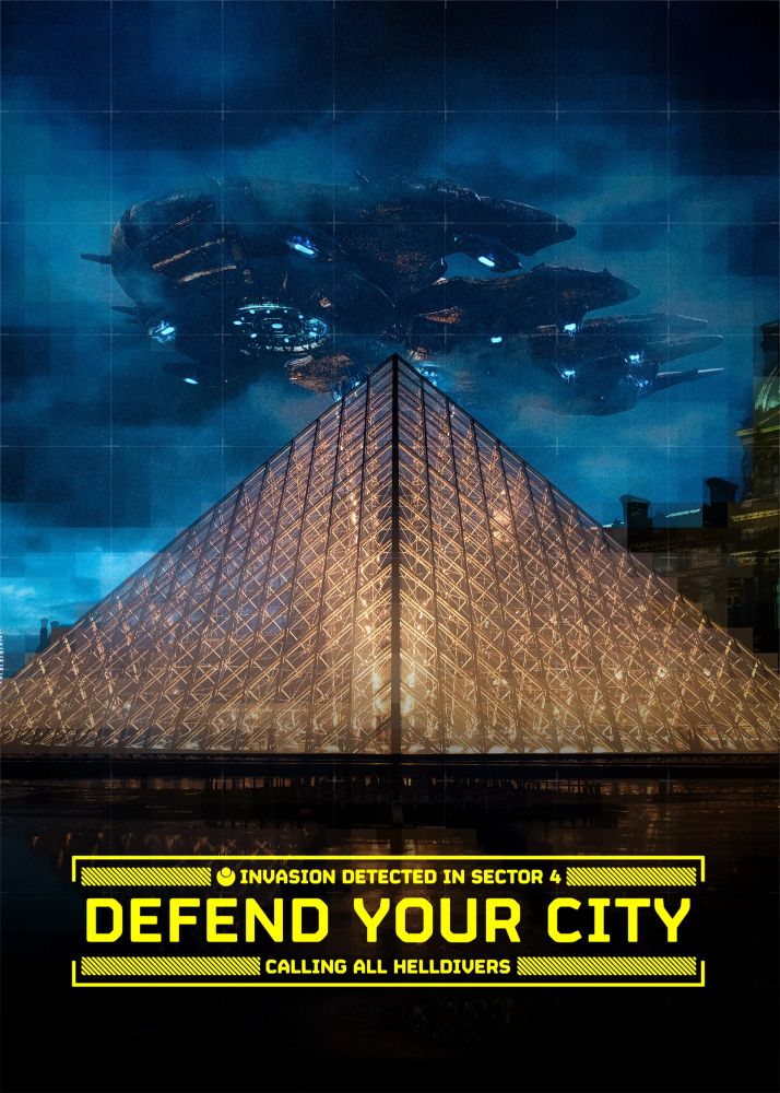 A massive alien fleet looms over the Louvre Pyramid in Paris, casting shadows through a cloudy blue night. The iconic glass structure glows defiantly. Caption: “Invasion Detected in Sector 4 – DEFEND YOUR CITY – Calling All Helldivers.”