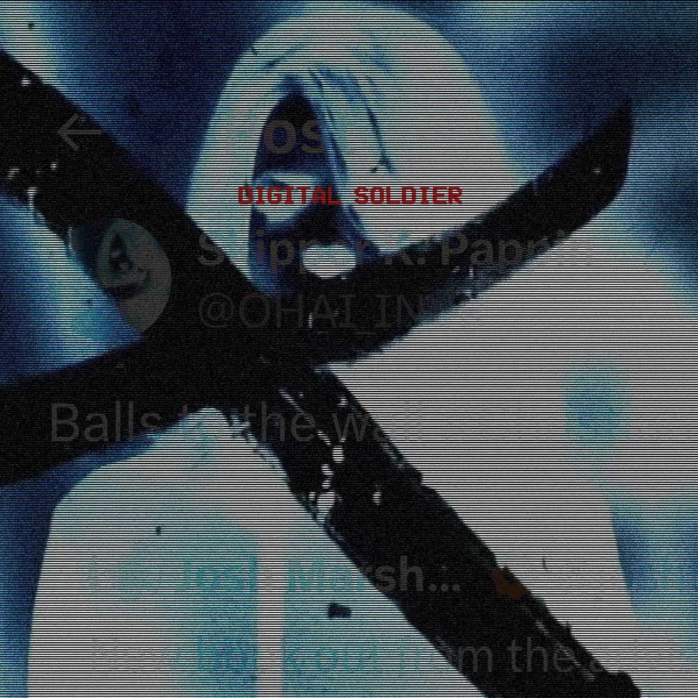 A fashwave-styled edit of a conspiracy theorist's pfp with "Digital Soldier" in red over the eyes of a female figure