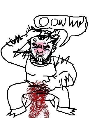 Poorly drawn MS paint image of wolverine sat on a stool, gripping his head in pain with airbrushed blood around his crotch, claws out, and an ill-fitting speech bubble reading "OOWWW!" by his head. 