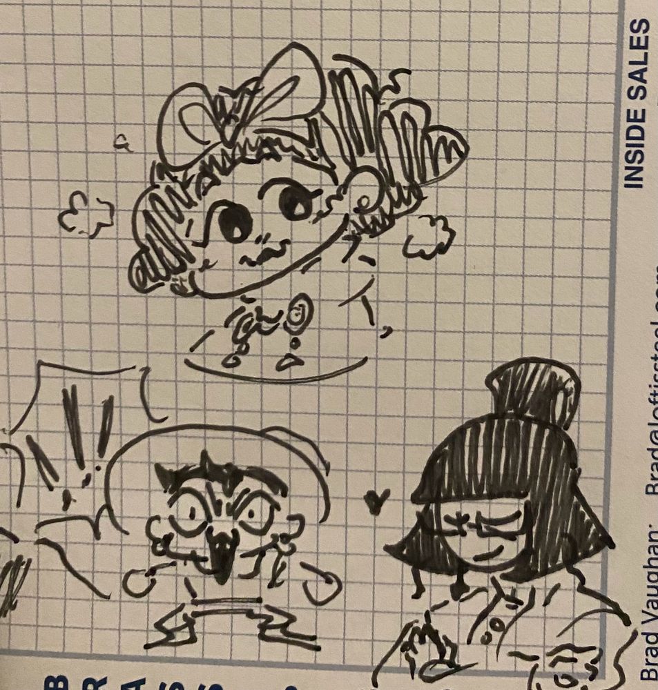 A sweet Mirabell, feral child Bonnie, and a demure Odile are drawn here.