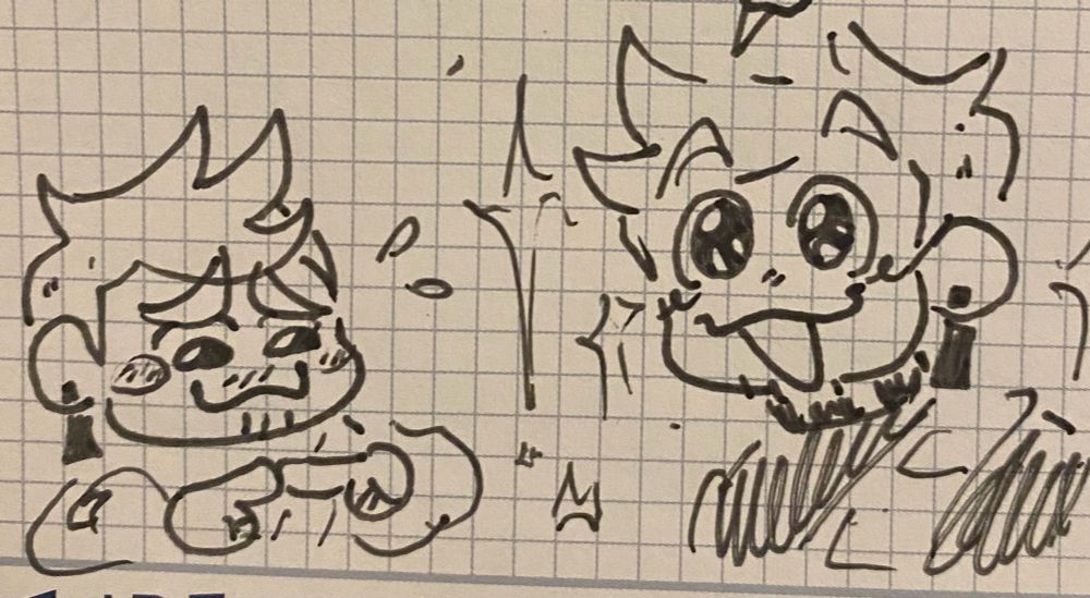 Isabeau!! TWO Isabeaus!! One on the left left poked his fingerd together while blushing, and the second on the right leans forward with an open grin and sparkly eyes