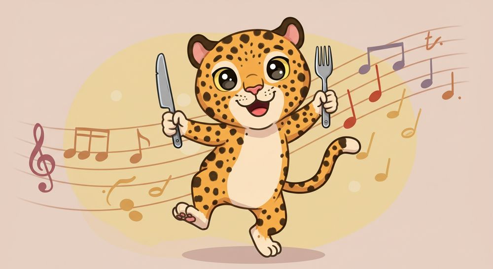 An AI generated cartoon of a leopard dancing around with a fork and knife in its front paws. There are generic musical notes in the background to suggest music.