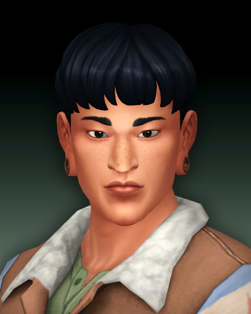 Kenai Guaja, a Sim with a bowl-cut hairstyle, freckles, hoop earrings, and a brown jacket over a green shirt.