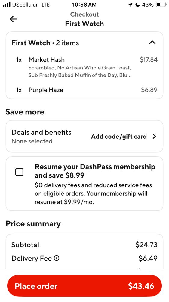 Screenshot of my order and total from DoorDash 