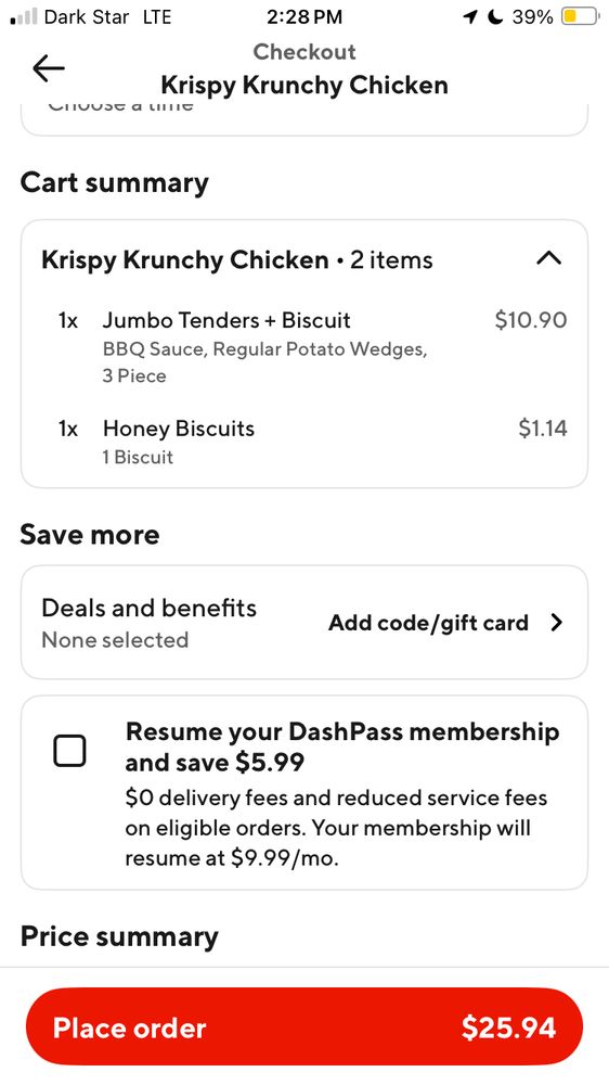 Screenshot of my order from krispy krunchy chicken, my goal is $25.94