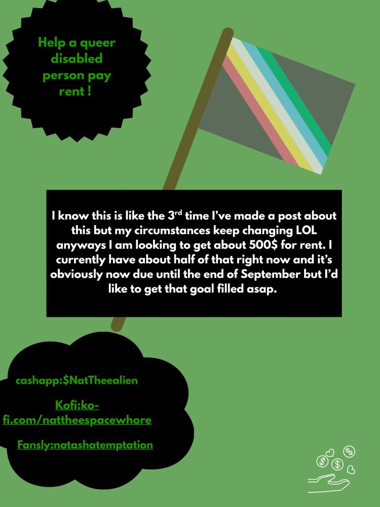 Image that I made that talks about my living situation and how much money I need for rent which is about 500$

Underneath are all my payment links
Cashapp:Nattheealien 
Kofi-nattheespacewhore 
Fansly:natashatemptation