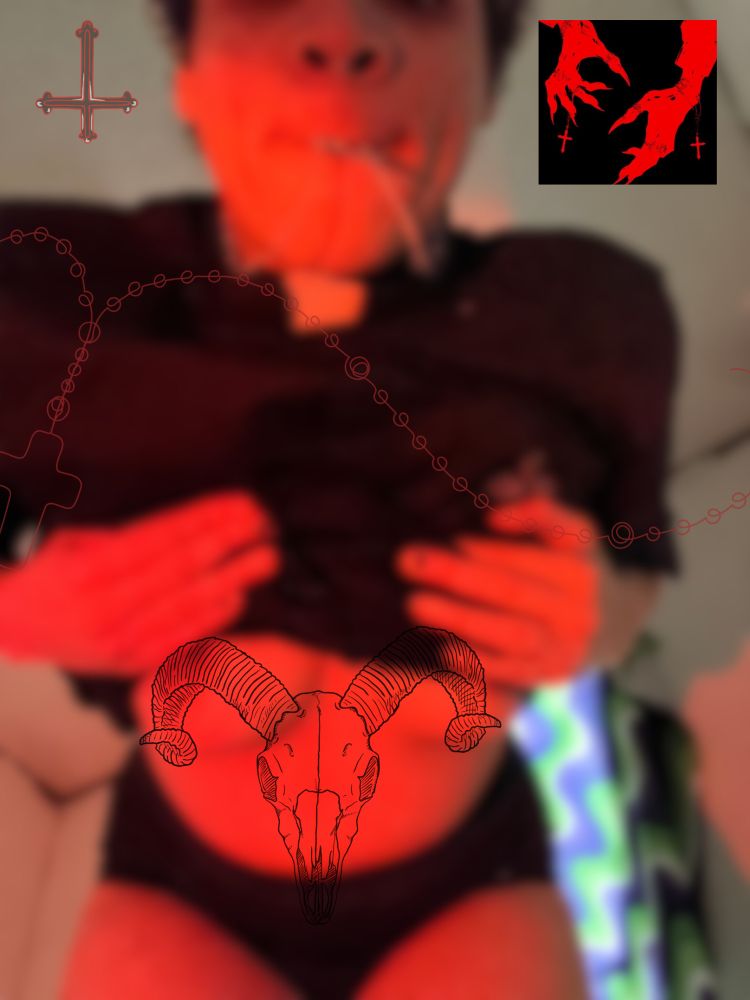 Blurry Image of me standing above my camera lifting up my shirt to expose my chest. There is a rosary, goats head, and and image of claws holding a rosary onto edited on the photo 
