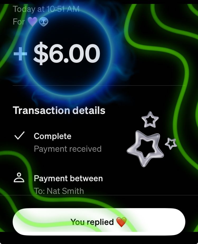 Screenshot of cash app send with bright green and blue editing 