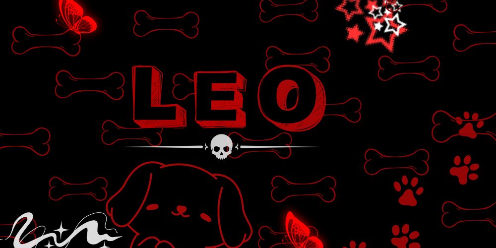 Banned that I designed for Leo. The background is back with red dog bones all over, puppy paw prints, red butterflies, and red stars. ~
In the middle is his name LEO in bold black and red letters, with two lines and a skull underlining it. 