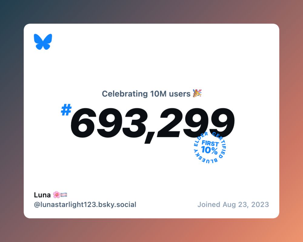 Celebrating 10M BlueSky users graphic. I was user 693,299 and among the first 10% of users, joining on August 23rd 2023.