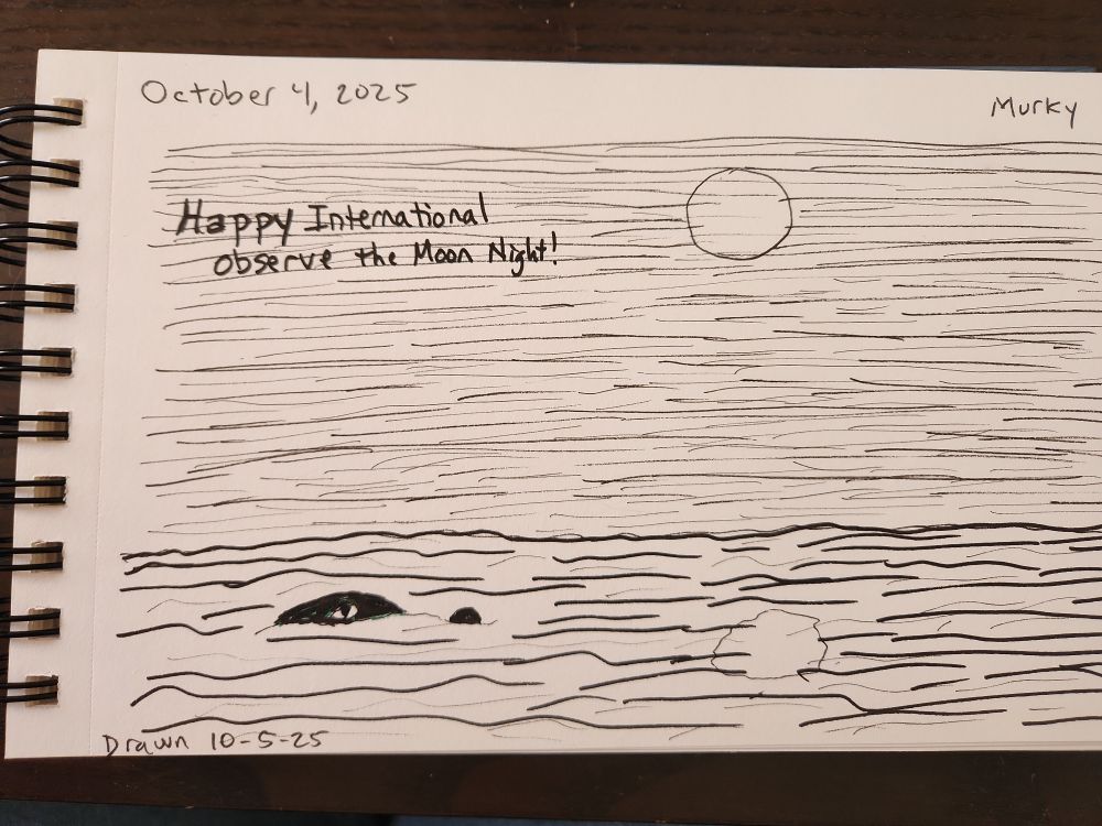 Pen sketch of a moonlit night over a body of water wherein lurks an alligator (only eye & snout apparent). Lots of horizontal lines to try and indicate the murky skies & water.