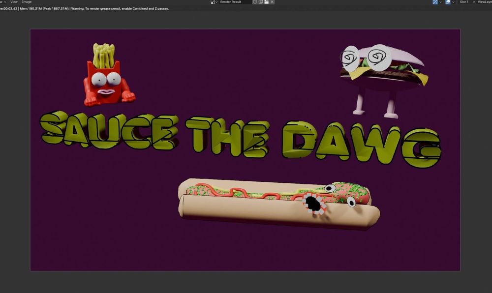 A 3d render of a fries and burger character and a hotdog that seems to be distressed, covered in ketchup mustard and relish. 3d text that says "SAUCE THE DAWG" 