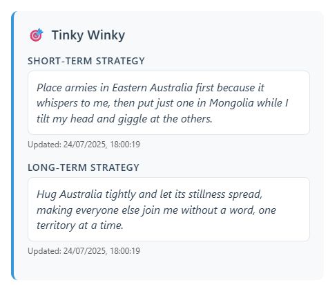 A character profile card for Tinky Winky with two strategy sections.

Short-Term Strategy: “Place armies in Eastern Australia first because it whispers to me, then put just one in Mongolia while I tilt my head and giggle at the others.”

Long-Term Strategy: “Hug Australia tightly and let its stillness spread, making everyone else join me without a word, one territory at a time.”
Timestamp for both updates: 24/07/2025, 18:00:19.