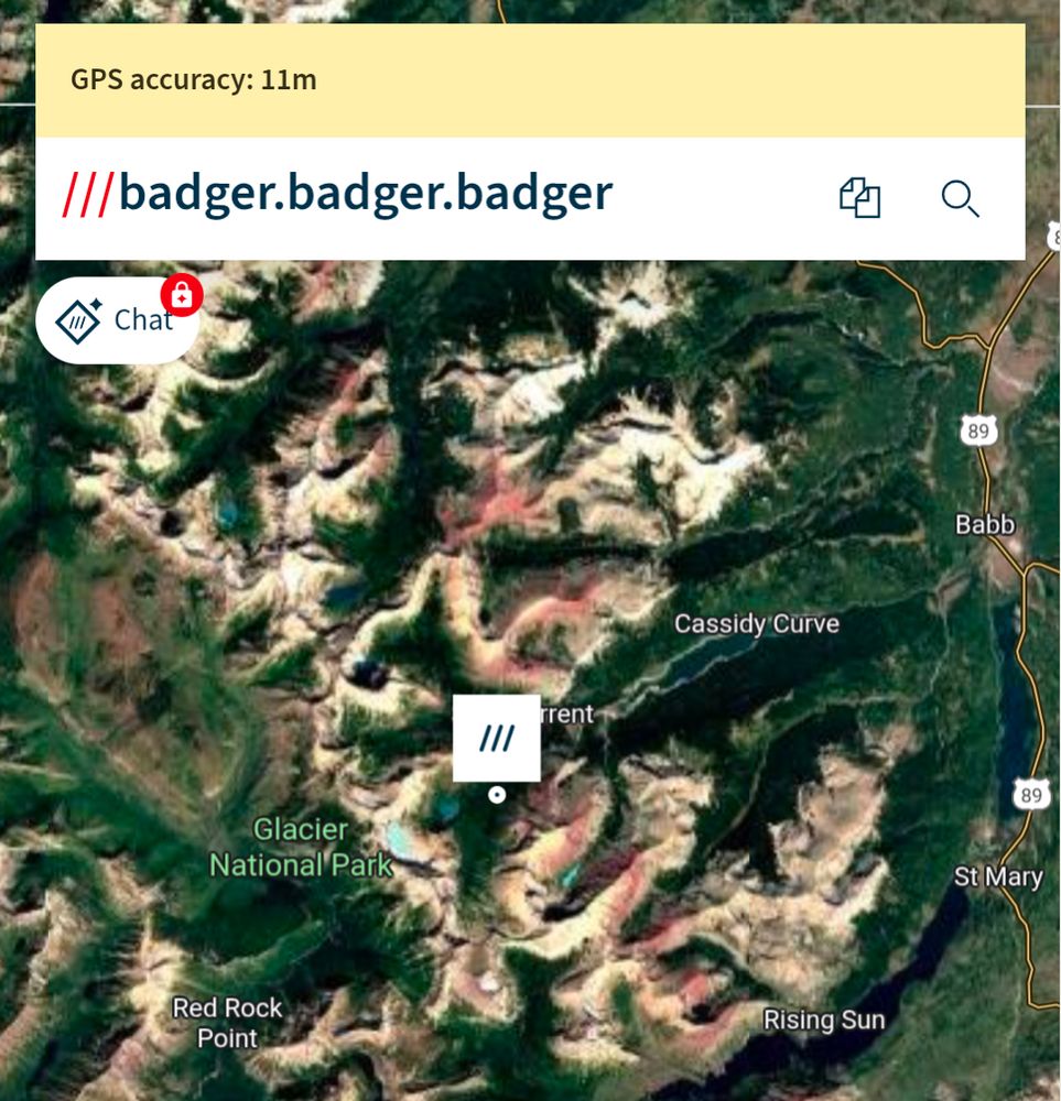 A screenshot of the what3words lookup for badger.badger.badger, showing a location in Glacier National Park