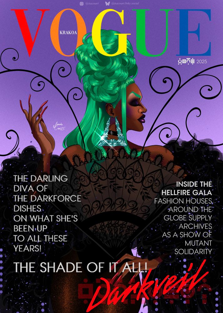 Darkveil poses to the side, showing off her sparkling Mysterium earring, one hand framing her face and another on her hip, ENVELOPED by a black tulle boa, serving nothing but pure, uncut pu$$y! Magazine text reads (Vogue Krakoa’s: The Shade of it all! Darkveil. The darling diva of the darkforce dishes on what she’s been up to all these years! Inside the Hellfire Gala, fashion houses around the globe supply archives as a show of mutant solidarity.) (Vogue Krakoa being colored in the rainbow pride flag colors)