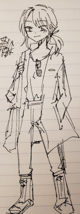 a pen on lined paper sketch of a girl with a low ponytail