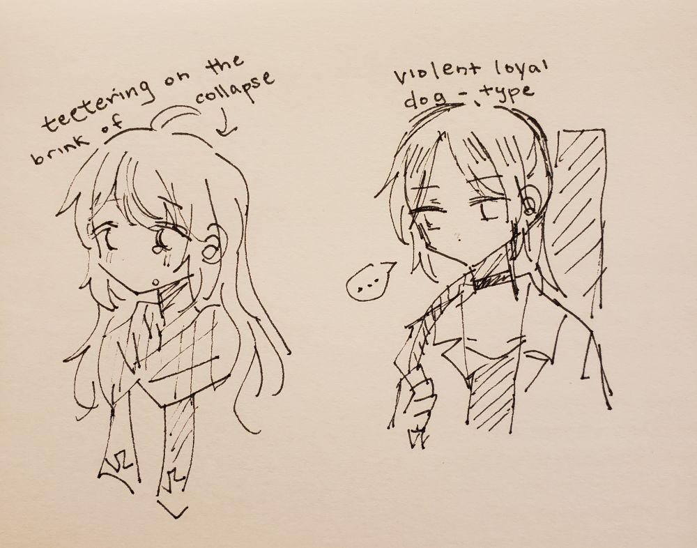 2 character sketches

Girl teetering on the brink of collapse

Violent loyal dog type
