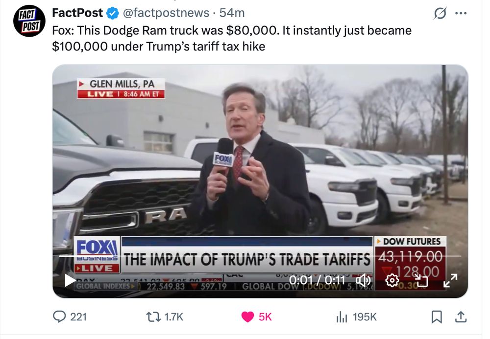 A screen grab from X with a Fox reporter standing in a car yard talking about the impact of the tariffs. 