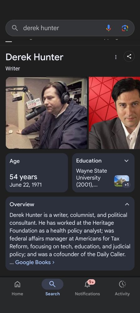 A Google search page for Derek Hunter, who wrote the piece linked above. 