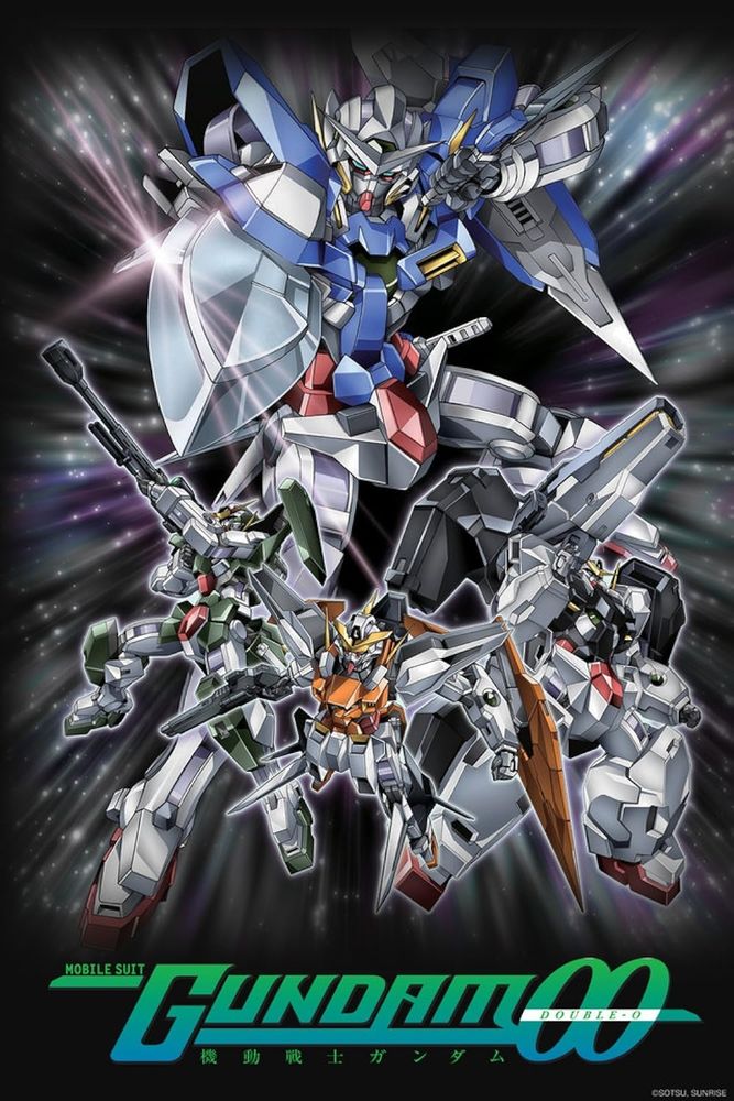 A poster for the series Mobile Suit Gundam 00 featuring the four Gundams (Humanoid mech fighters) of the protagonists. Most prominently featured is the Gundam Exia, a blue & white CQB tuned mech with red and yellow highlights, with the 7-swords upgrade. With the Gundam Dynames (Green sniper mech, to the bottom left), the Gundam Kyrios (Yellow skirmisher mech, to the bottom middle) & the Gundam Virtue (Black heavy mech, to the bottom right) all posing in front of the Exia. All of the Gundams have white as their secondary colours on their arms and legs, red highlights on the bottoms of their feet, waist, mouth piece and under the eyes, and with the exception of Kyrios, on their crotch, and yellow highlights around the chest cockpits, and on sensors around their head & shoulders.

At the very bottom lies the logo for the series, & the copyright for "SOTSU Sunrise" and the background is an aurora field of stars with the radial zoom effect applied, and in vaguely ace pride flag colours.