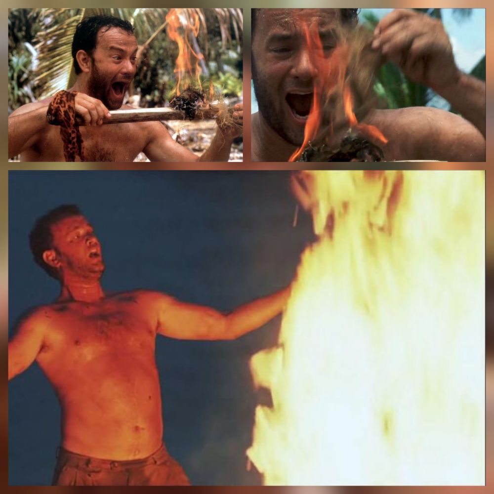 Tom Hanks as Chuck Noland, jubilantly celebrating after finally getting a fire started, in the movie Cast Away 