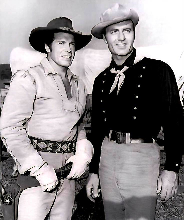 Robert Horton and George Montgomery in a still photo from the television series Wagon Train 