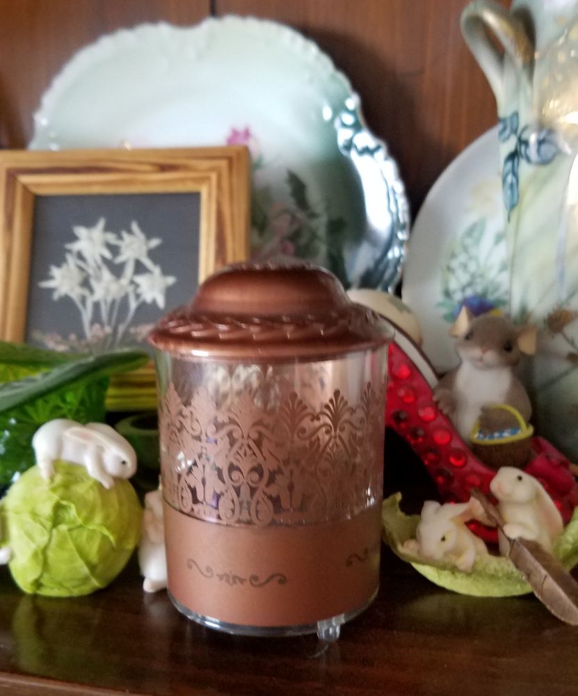 Replica of Josette's music box as seen on Dark Shadows, pictured on a shelf of my hutch cabinet along with some figurines and plates and a vase and dried edelweiss in a small frame