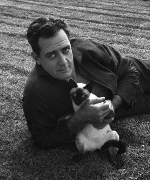 Raymond Burr stretched out on a lawn and holding a siamese cat