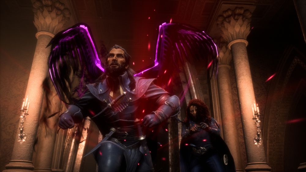 Lucanis charging forward, wings starting to unfold, with Rook slightly behind him