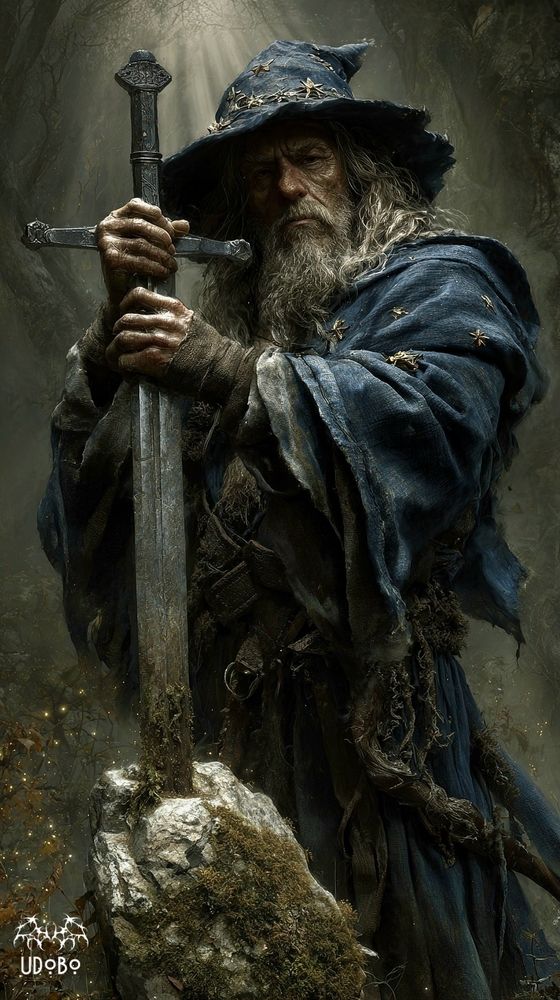 A highly detailed digital illustration of the legendary wizard Merlin standing in an ancient misty forest of Camelot. Merlin is an elderly man with a long white beard, wearing a flowing blue robe and a pointed hat adorned with stars. His expression is severe and intense, with piercing eyes staring directly ahead. Next to him is the iconic Sword in the Stone, Excalibur, embedded in a large rugged rock covered in moss and vines. The forest background features towering oak trees, dense foliage, rays of sunlight filtering through the canopy, and a magical atmosphere with subtle glowing particles in the air. Style: realistic fantasy art, high resolution, cinematic lighting --chaos 10 --ar 9:16 --raw --profile fl9jdhx --stylize 350