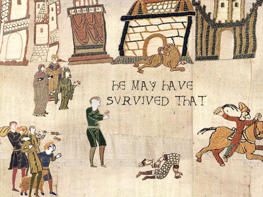 A Bayeux Tapestry retelling of #ofmd where Jeffrey Fettering is saying "he may have survived that". Ned the Leopard is visible, along with people, buildings, and a horseman