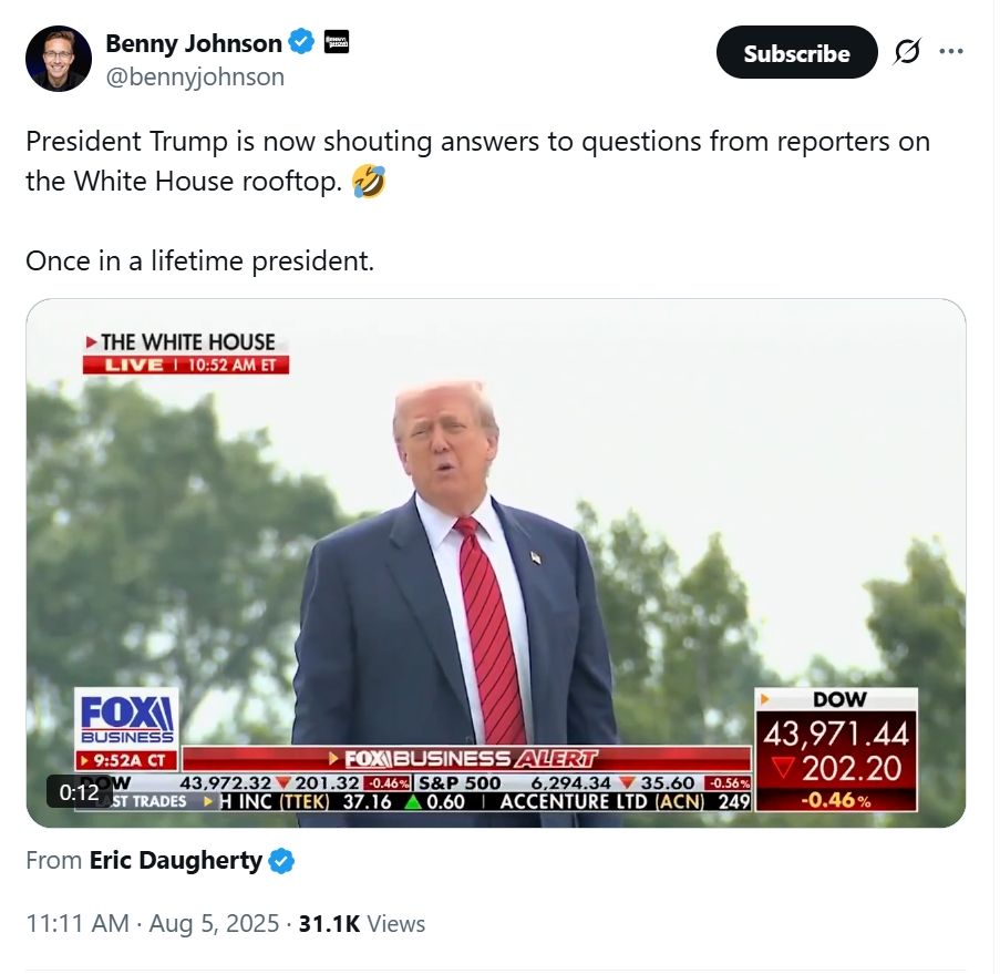 President Trump is now shouting answers to questions from reporters on the White House rooftop. 🤣

Once in a lifetime president.