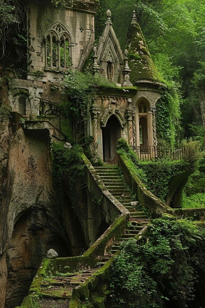 A moss and Ivy covered Gothic style house castle that looks decrepit but amazing. 10 out of 10 would stay here...