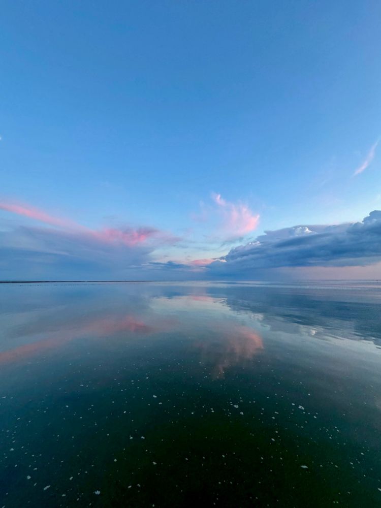 Blick auf die glatte Nordsee am Abend. Am blauen Himmel ist ein graues Wolkenband. Über und unterhalb des Bandes befinden sich rosa-pinkfarbene Wolken, die auf der ebenen Wasseroberfläche reflektiert werden. Es gibt kleine Blasen auf der Wasseroberfläche im Vordergrund. 