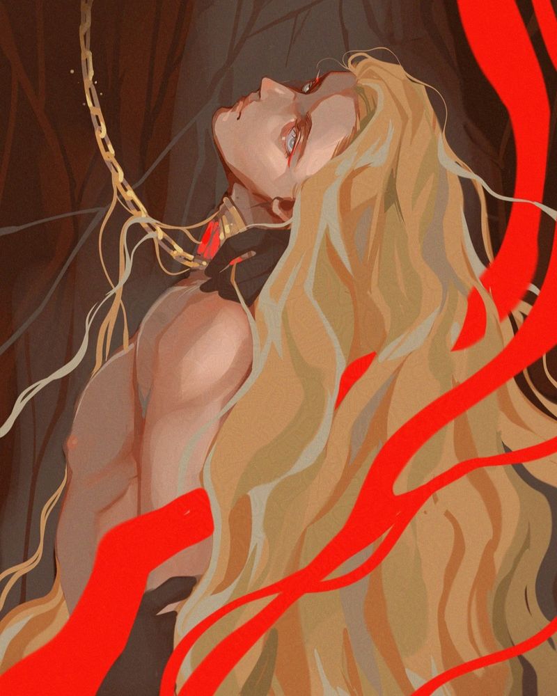 Fanart of Anharion from Dark Rise book series by Pacat. He's topless, at his side, looking to viewer. His hair is loose and his neck is collared, with a chain leading to outside the image. Around his nape and arm, dark hands grip him loosely. The art has muted tones and deep saturated reds.