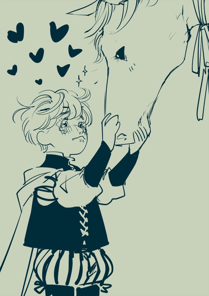smaurent falling in love with his new horsy friend, he's surrounded by spparkles and hearts as he touches her friendly face