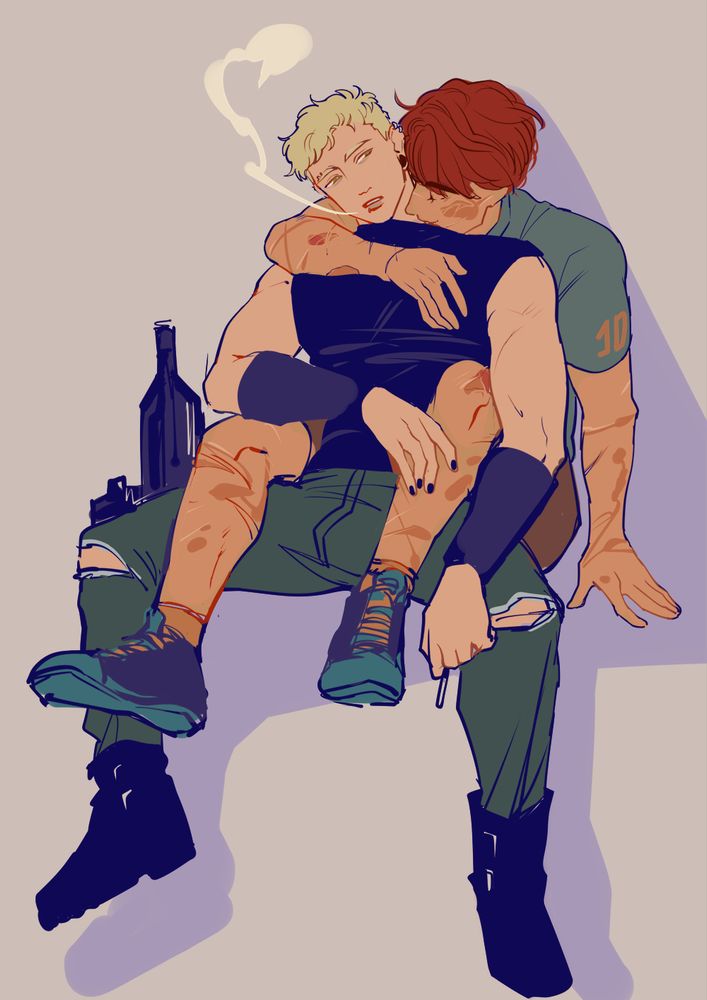 All fot the game fanart. Andreil sitting together. Smiling Neil clings to Andrew from behind, while Andrew smokes. There are some bottles in the otherwise empty background. Neil has arms and legs uncovered, showing his scars.