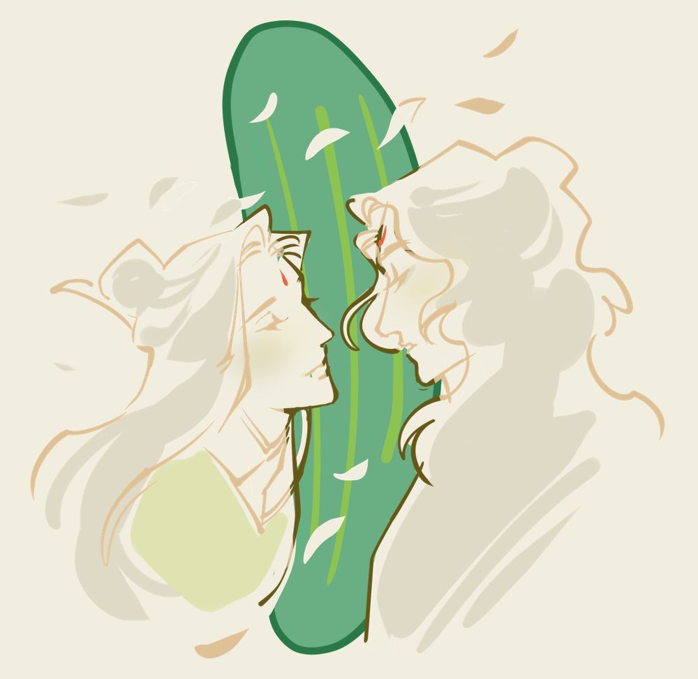 bingqiu sillhouetes approaxing with eyes closed, in the back we have a cucumber in darker green colors that "better show" the characters shape; a reference to an apple meme