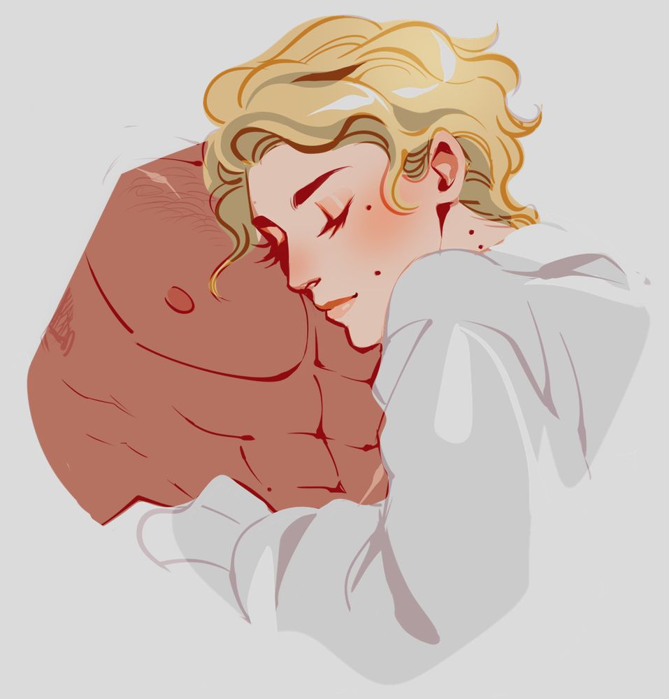 fanart with a cropped view of laurent's sleeping face very relaxed on damen's tiddie.