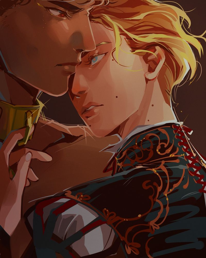 A lamen digital doodle, with rough brushstrokes. Laurent leans towards Damen's ear to say "I can end this any time I like? I haven’t even begun"; Tribute to a scene in book 1 of Captive Prince (although liberties have been taken).
It was almost the "flithy painted slut" scene, but not yet. We'll get there.