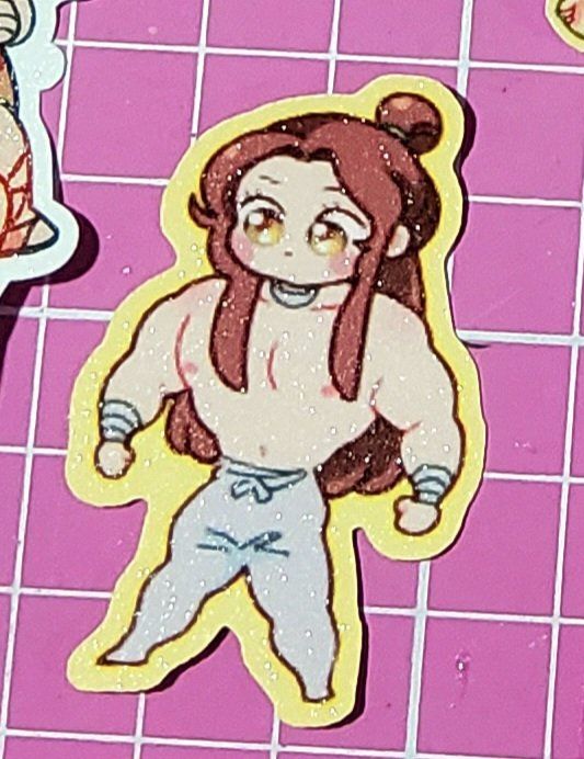 Chibi of xie lian with shoujo eyes, strong chest and arms muscles, small waist and small legs.