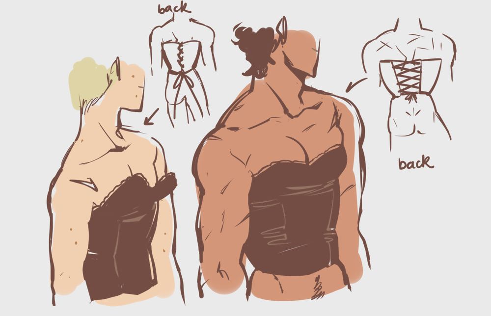 laurent and damen in corset with bust cups; laurent molds nicely in the torso, closely tied on the back, but bust are is loose. Damen's corset is bursting in the seams, largely laces and tight all around, burst and torso.