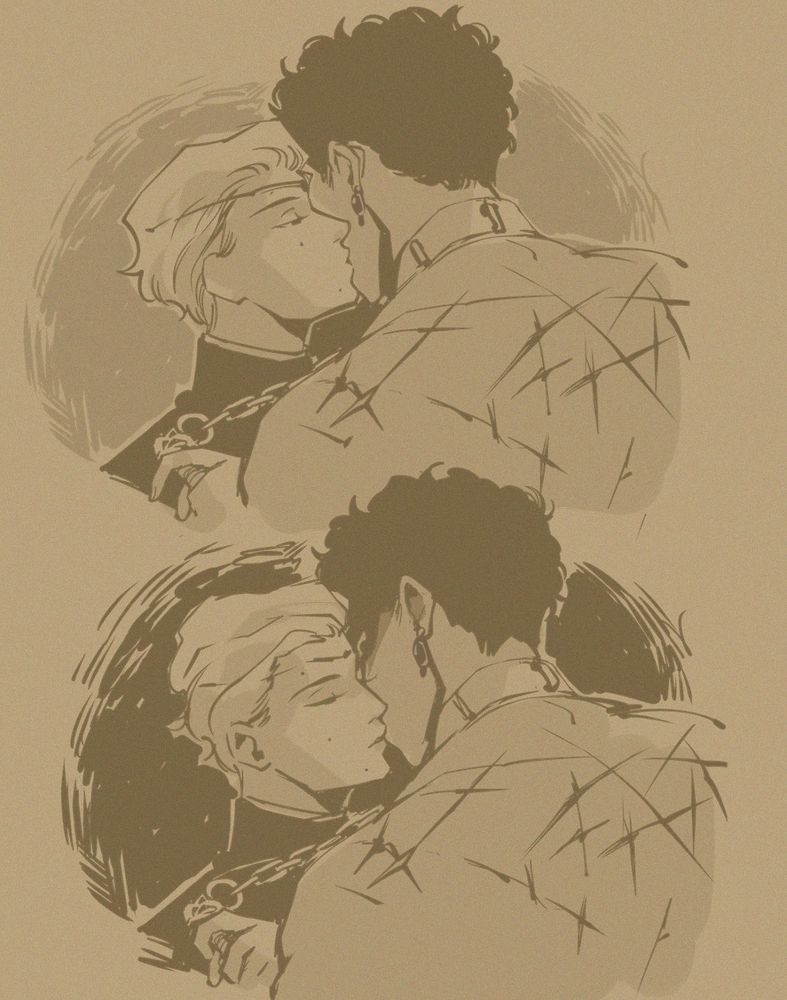 monochromatic two panels doodle of a scene in captive prince . First panel haslaurent kissing damen's cheek while pulling a chaind attached to his neck; then a second panel is almost the same, he whispers to damen's ear "filthy painted slut";