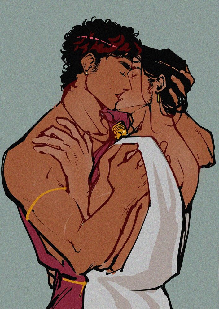 damen and nikandros kissing, they are embracing and wearing chitons (damen has a wine red chiton with the lion pin while Nikandros has a cotton off white chiton)